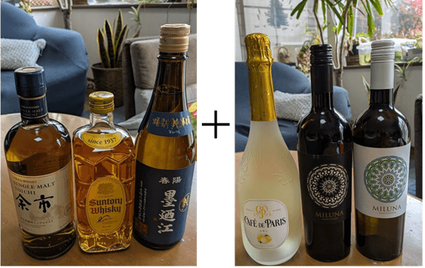 余市・サントリー特角・墨廼江純米セット＋カフェ・ド・パリ レモン・ミルーナ赤・ミルーナ白セット