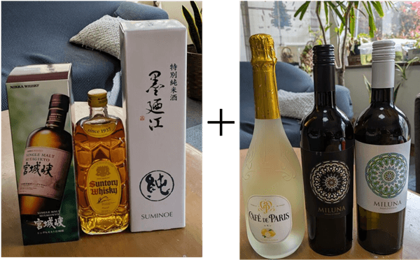 宮城峡・サントリー特角・墨廼江純米セット＋カフェ・ド・パリ レモン・ミルーナ赤・ミルーナ白セット